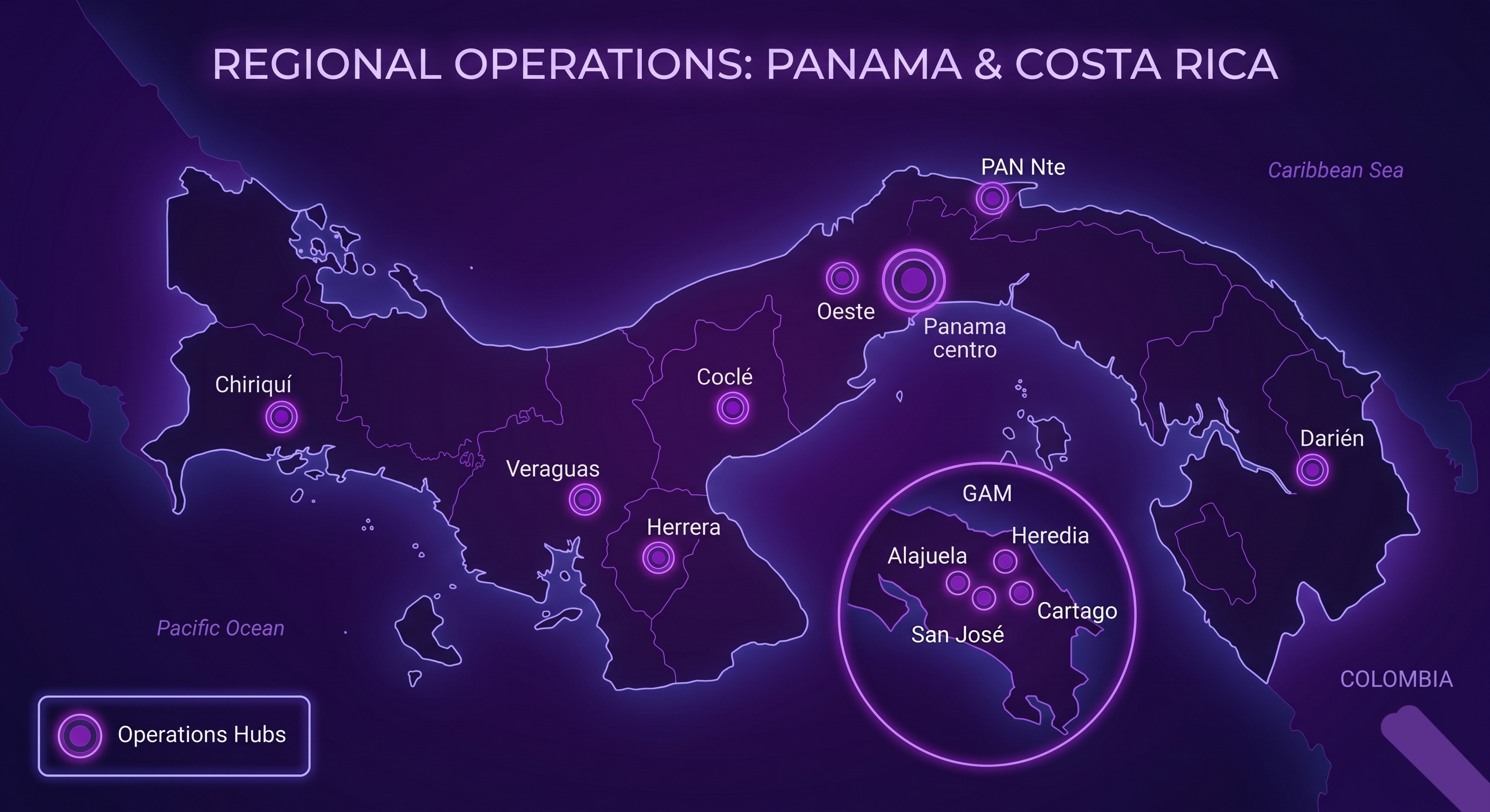 Mapa de operaciones regionales de Grupo Innova en Panamá y Costa Rica
