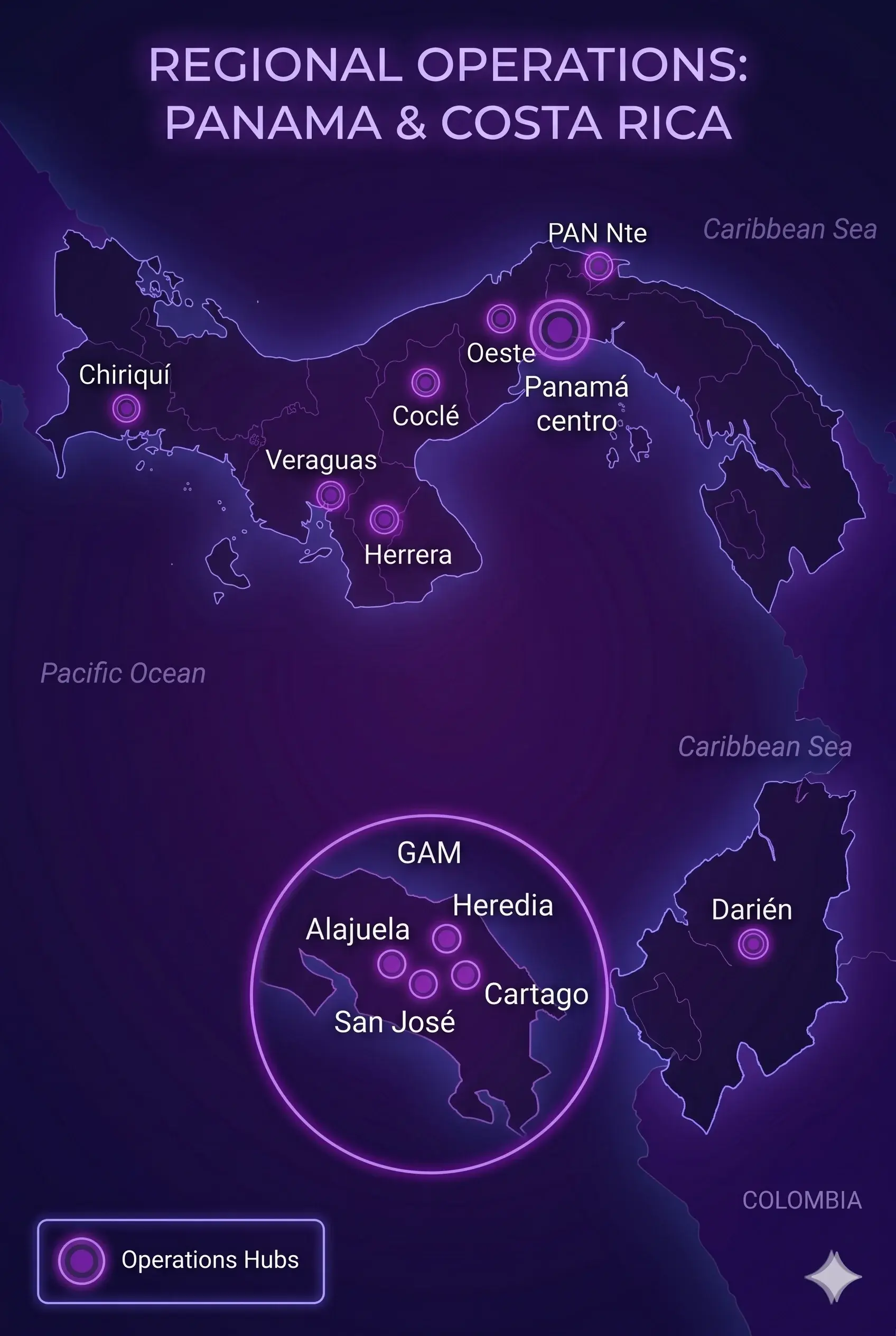 Mapa de operaciones regionales de Grupo Innova en Panamá y Costa Rica